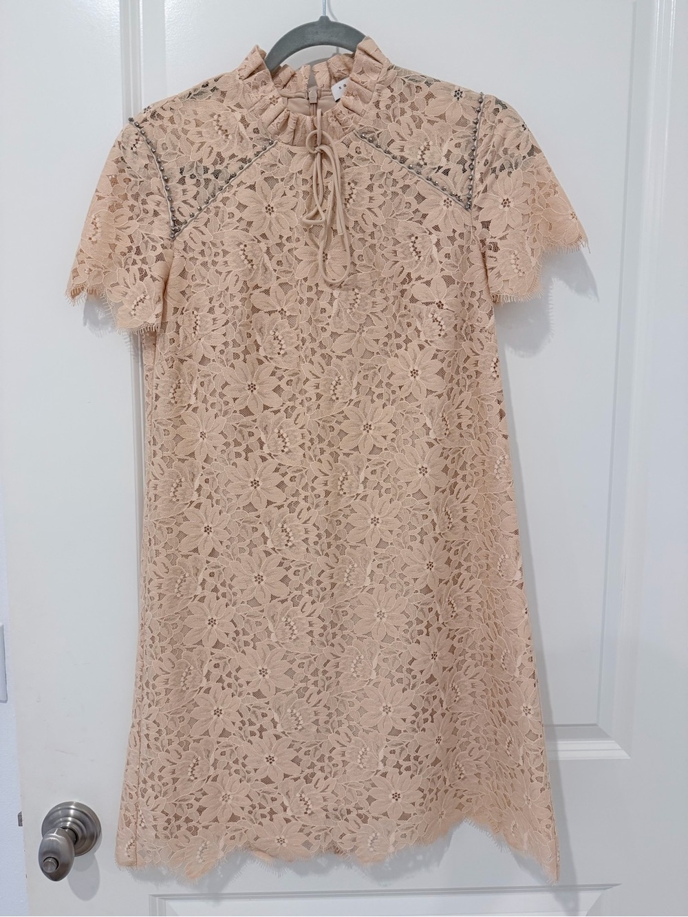 Sandro Paris Lace Dress in Soft Blush with Swarovski stones